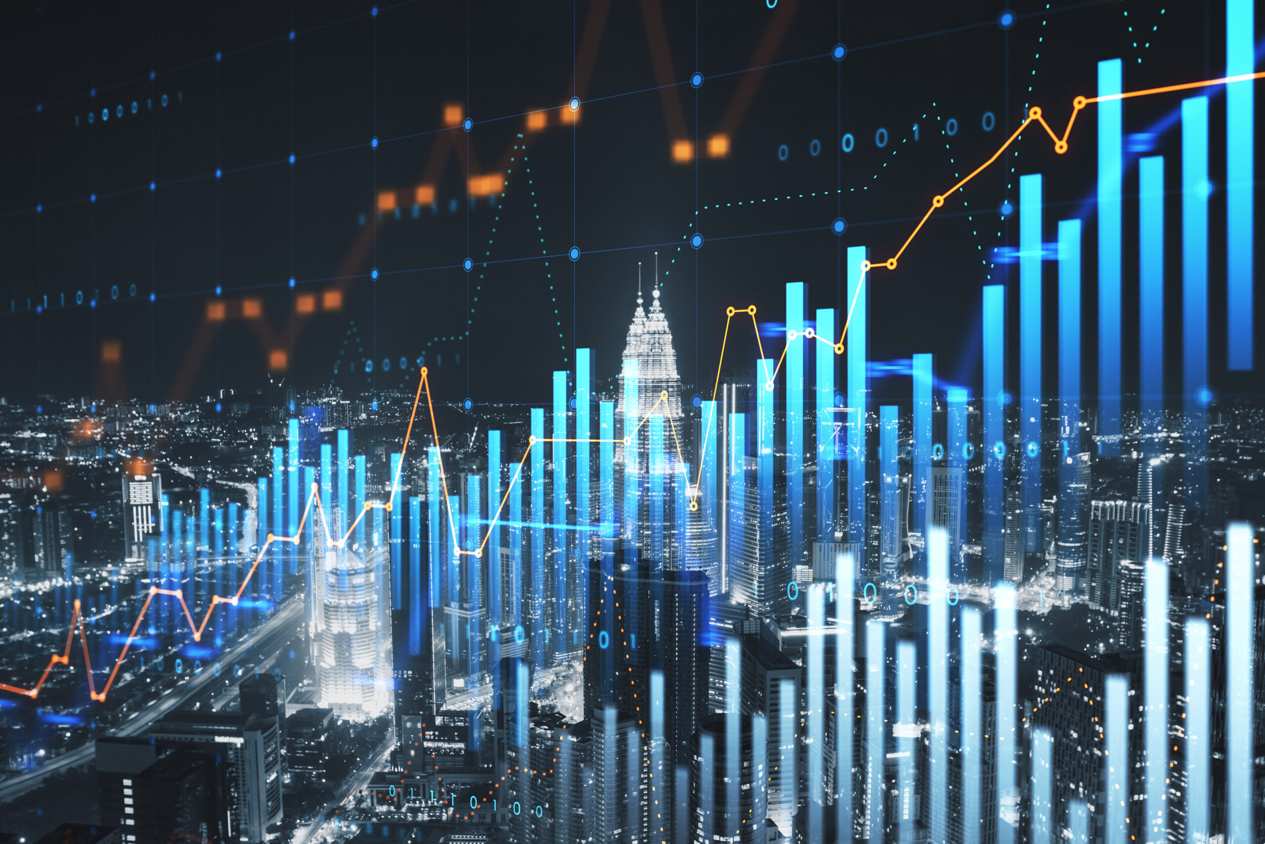 Abstract glowing and growing business graph hologram on blurry night city buildings background. Planning and strategy, stock market, business growth, progress and financial success concept. Double exposure