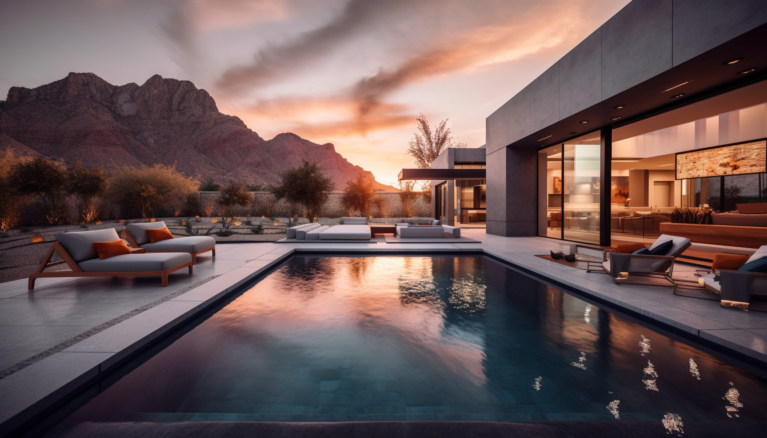 Luxury sunset poolside relaxation with stunning landscape view generated by artificial intelligence