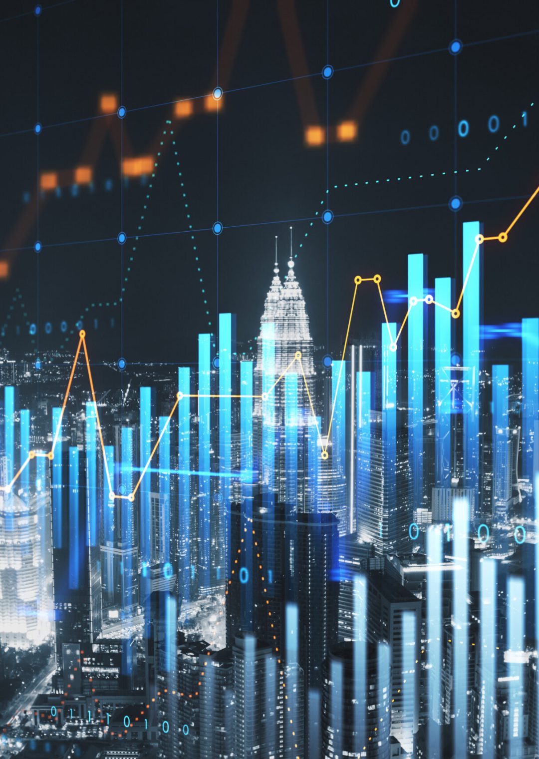 Abstract glowing and growing business graph hologram on blurry night city buildings background. Planning and strategy, stock market, business growth, progress and financial success concept. Double exposure